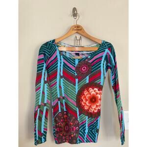 Bright Bold Desigual Striped Floral Pullover Light Sweater Size M*